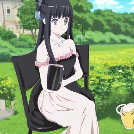 Image similar to A pale skin, long black hair, grey eyes girl wearing a black dress, sitting on a chair in the middle of a garden and holding a tea cup, anime style