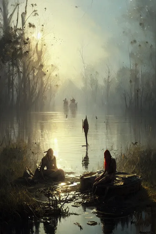 Image similar to greg rutkowski swamp community fish people