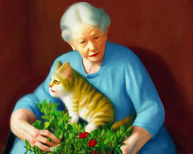 Image similar to detailed portrait of an old lady and her plant cat, Edward Hopper, sharp high quality