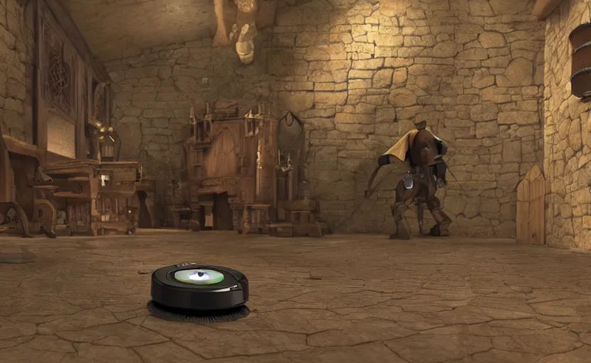 Prompt: A roomba avoiding danger in a fantasy medieval dungeon, epic