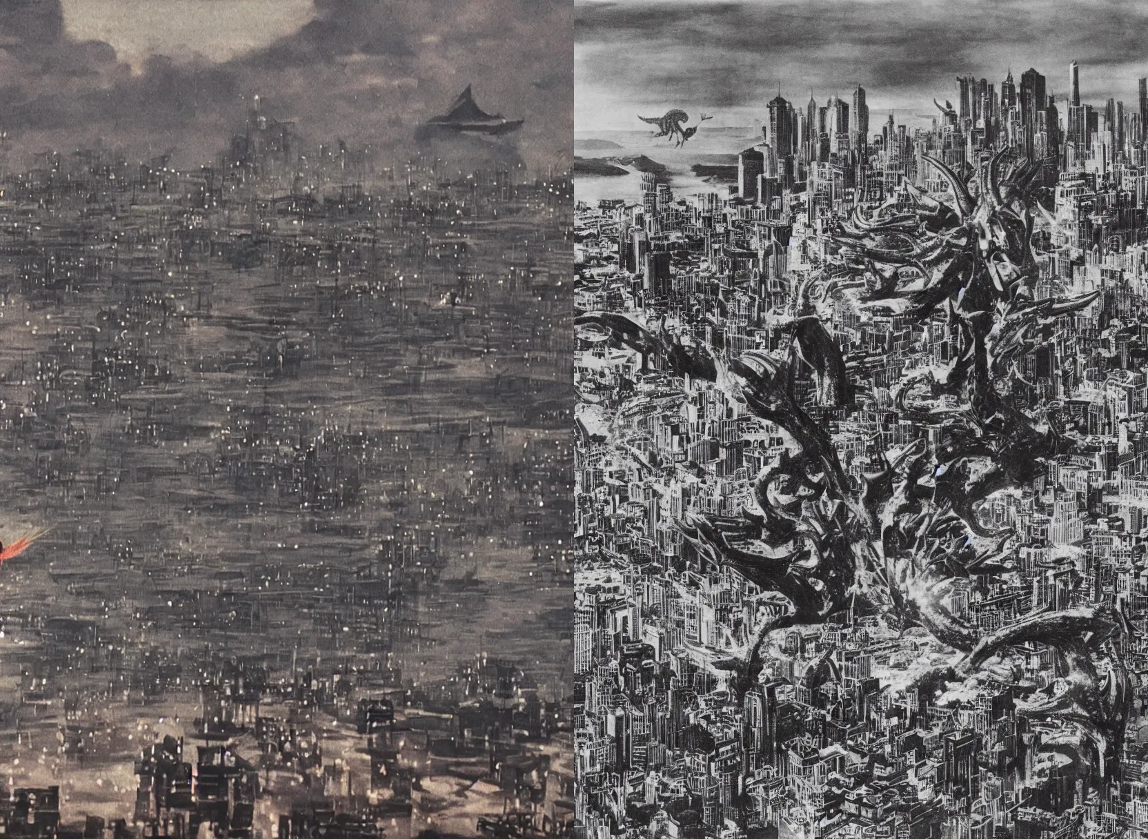 Prompt: a goryeo budhist painting of a giant Pulgasari the Kaiju Starfish Monster over a city skyline, dramatic cinematography by Fritz Lang and Orson Welles, hyperrealistic film stock