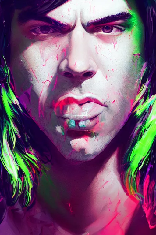 Image similar to portrait of andrew wk, busted nose, party hard in neon, charlie bowater, artgerm, ilya kuvshinov, krenz cushart, ruan jia, realism, ultra detailed, 8 k resolution