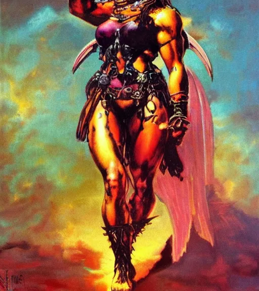 Image similar to portrait of strong female chaos angel, beautiful! coherent! by frank frazetta, by brom, strong line, vivid neon color, spiked metal armor, iron helmet maximalist