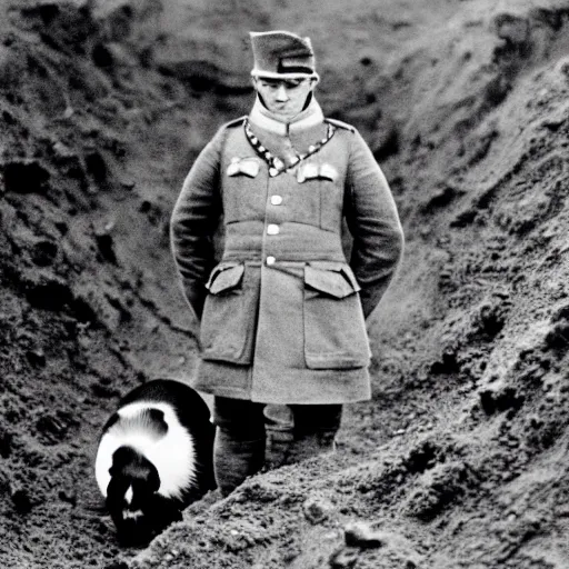 Image similar to a black and white grainy photograph of a guinea pig standing in a ww1 trench, it's wearing a russian ww1 uniform