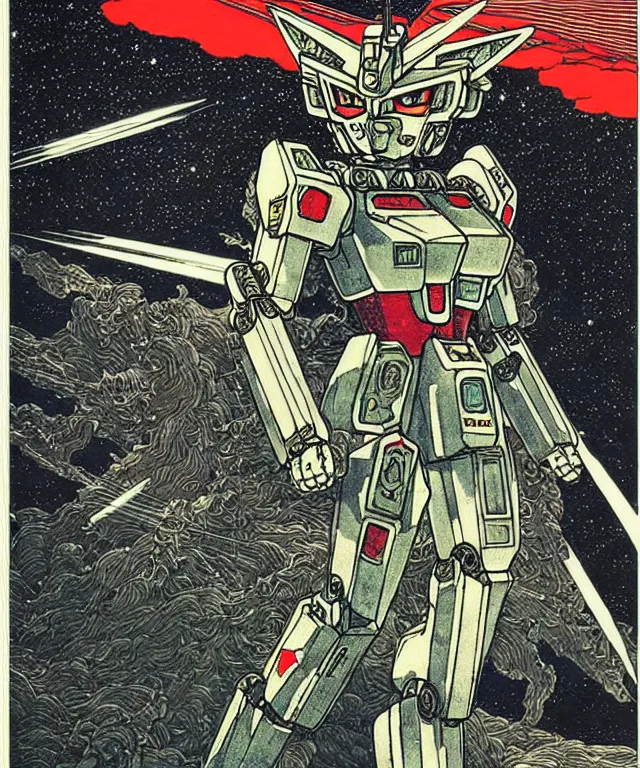 Image similar to funny image of a kitten gundam mecha robot, high details, masterpiece engraving by takato yamamoto, gustave dore, jean giraud