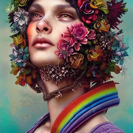 Prompt: Lofi biopunk portrait beautiful woman with short brown curly hair, roman face, phoenix, rainbow, floral, Tristan Eaton, Stanley Artgerm, Tom Bagshaw