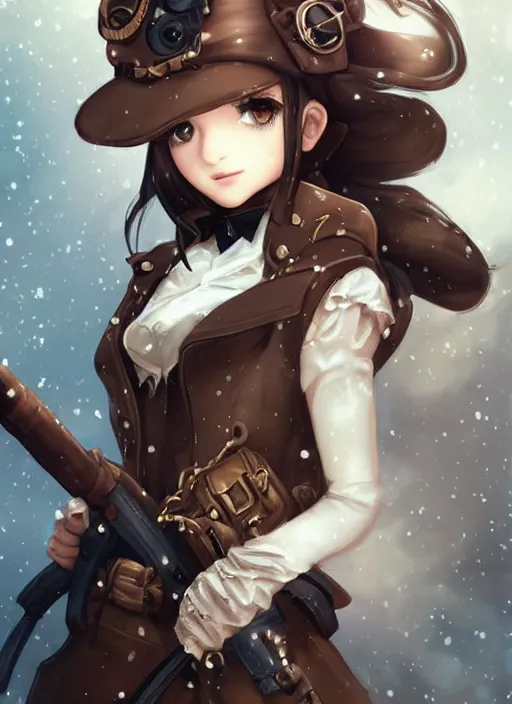 Image similar to girl with steampunk weapons and uniform, serious, finely detailed, made by artgerm, ross tran, full body portrait, illustration, snow, snowing, cloudy, anime, side view, perfect anime face, realistic face, zoomed out, smooth, brown eyes, high waisted shorts