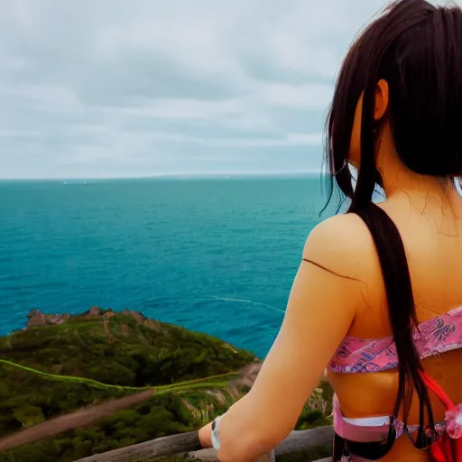 Image similar to An anime girl standing on a cliff, looking out at the ocean