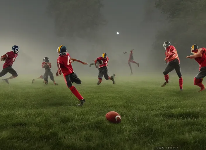 Image similar to big motion picture scenery artwork by robert svebeck, rendering of several young wizards playing in a football on a mystical field, matte painting, trending on artstation and unreal engine