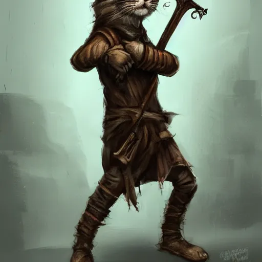 Image similar to dirty homeless humanoid cat wearing rags, wielding a broadsword, concept art, d & d, fantasy, trending on artstation