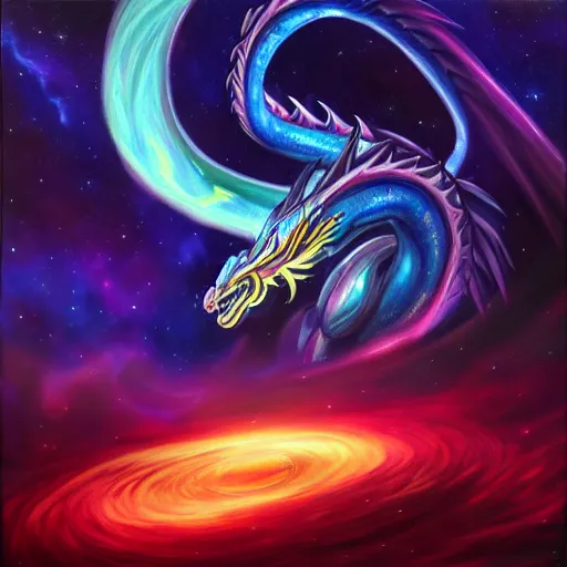 Prompt: sharp oil painting of aurelion sol dragon in the cosmos staring at the viewer