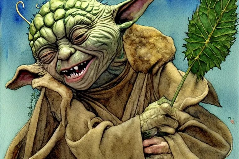 Image similar to a realistic and atmospheric watercolour fantasy character concept art portrait of yoda lying on his back laughing with a pot leaf nearby, by rebecca guay, michael kaluta, charles vess and jean moebius giraud