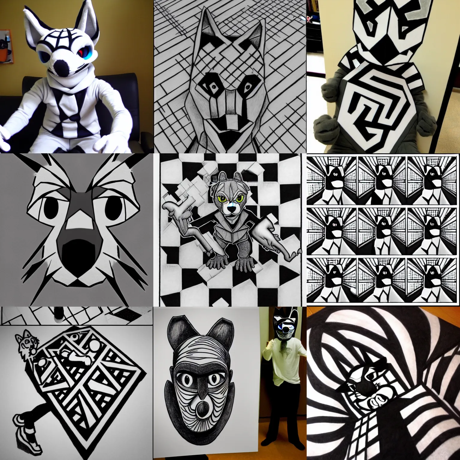 Prompt: my fursuit is an mc escher drawing