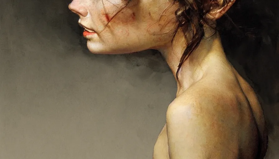 Image similar to norman rockwell, andrew wyeth, portrait of an young beautiful woman, close up of the face, hair, paint texture, 3/4 back view head, low contrast, highly detailed, sharp focus, digital painting, concept art, illustration, trending on artstation, portrait by greg rutkowski