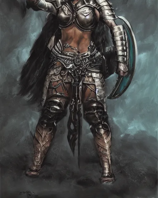 Image similar to a fierce and muscular warrior princess in full armor, fantasy character portrait, dark and atmoshperic gouache