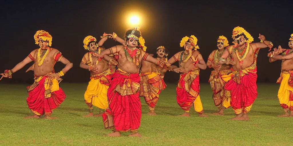 Prompt: yakshagana play in an open farmers field, night, painterly