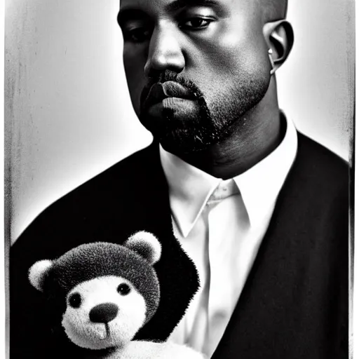 Image similar to Portrait studio photograph of Kanye West holding a anthropomorphic teddy bear, close up, shallow depth of field, in the style of Felice Beato, Noir film still, 40mm