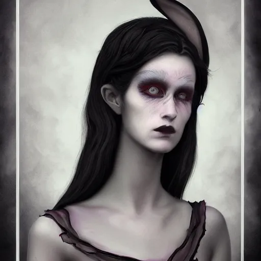 Prompt: tom bagshaw, soft painting fractal curiosities carnival, very beautiful mutated human female rabbit in full ornated nightshade gothic dress, accurate features, focus, very intricate ultrafine details, black white purple volumetric clouds, award winning masterpiece, octane render 8 k hd