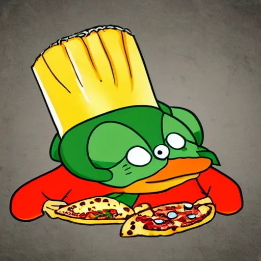 Image similar to cute platypus wearing a chef hat and holding a pizza with three basil leaves over the lasagna