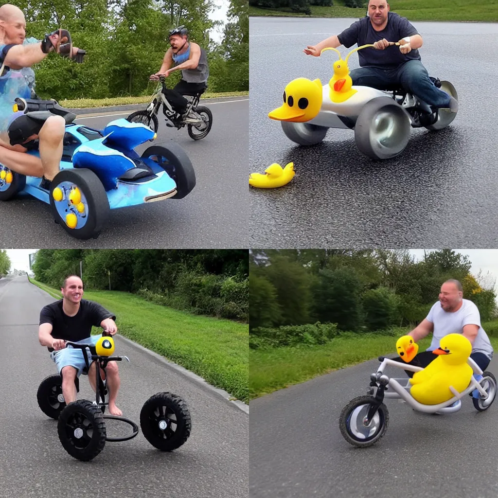 Prompt: man driving bathtub stunt bike with rubber duck down the road