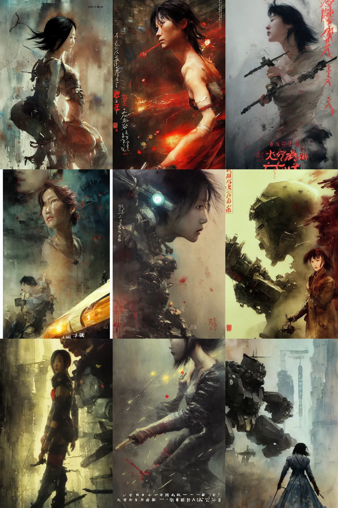 Prompt: incredible ruan jia movie poster, painted ,masterful detailed watercolor, japan, ilya repin, waterhouse, kastuhiro otomo, profile face, giant robots claw at the the background, tubes, cables, lightning, rim light, spotlight, deep 3 point perspective, dynamic scene, light rain, sparks, movie scene close up emotional miss Kusanagi face, short bob hair, justin sweet