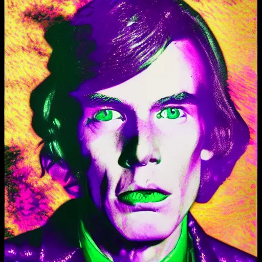 Image similar to An extremely psychedelic portrait of Andy Warhol, surreal, LSD, face, detailed, intricate, elegant, lithe, highly detailed, digital painting, artstation, concept art, smooth, sharp, magical, Occult, focus, illustration