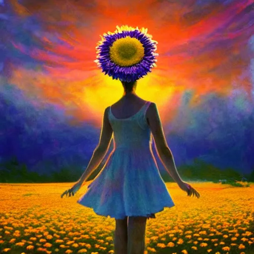 Image similar to giant daisy flower as head, girl dancing in a flower field, surreal photography, sunrise, dramatic light, impressionist painting, colorful clouds, digital painting, artstation, simon stalenhag