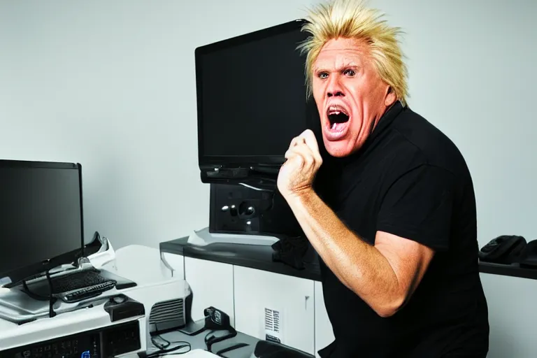 Image similar to gary busey screaming at a desktop computer in 1 9 9 9, ( sony a 7 r iv, symmetric balance, polarizing filter, photolab, lightroom, 4 k, dolby vision, photography awardm, voque, perfect face )