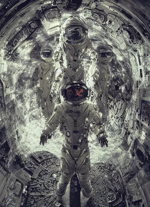 Image similar to astronauts in dark and empty void underwater - complex and hyperdetailed technical suit. mandelbulb fractal. reflection and dispersion materials. rays and dispersion of light. volumetric light. 5 0 mm, f / 3 2. noise film photo. flash photography. ultra realistic, wide angle. poster by wayne barlowe, hajime sorayama aaron horkey, craig mullins