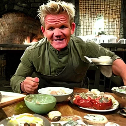 Image similar to gordon ramsay as hobbit in the shire