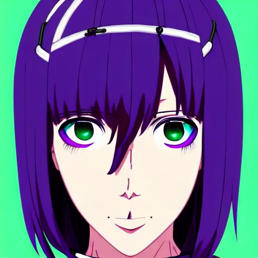 Image similar to anime poster film still portrait, young black woman, black black black woman, purple colored eyes, purple colored eyes, white french bob hairstyle, green colored bomber jacket, detailed facial features, dynamic pose,, rimlight, cel shaded, 4 k