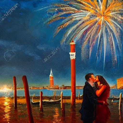 Image similar to an oil painting of couple kissing, in a background fireworks in venice