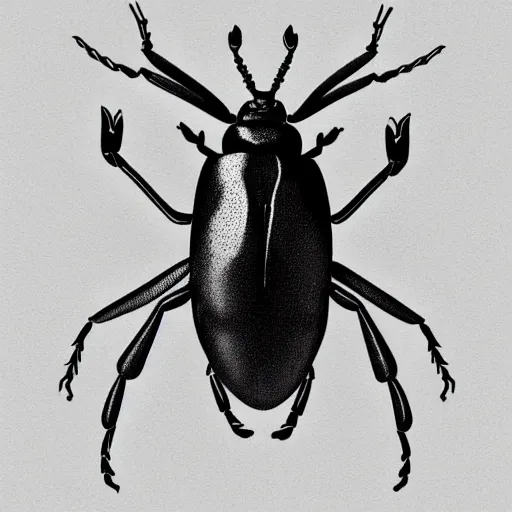 Image similar to black stag beetle full body, black and white, botanical illustration, black ink on white paper, bold lines