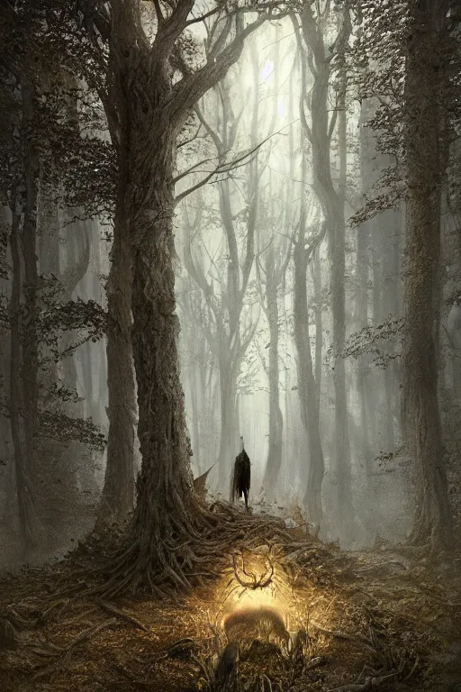 Image similar to fat old devil in the woods, the devil around, intricate, ethereal, by luis royo, hyper detailed, weta digital, ray trace, unreal engine, trending on artist, beautifully lit, cinematic, soft light, photorealistic, volumetric, realistic, glossy, 8 k post - production, masterpiece, luxury, smooth