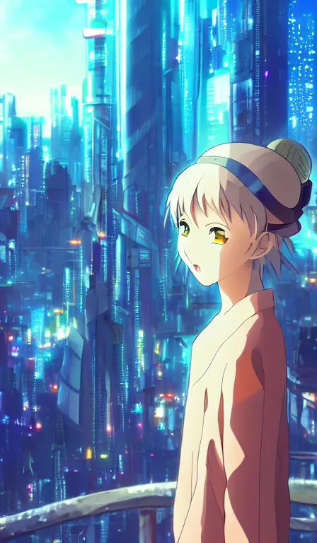 Image similar to anime fine details portrait of Sakuna in front of cyberpunk moder city landscape on the background deep bokeh, close-up view, anime masterpiece by Studio Ghibli. 8k, sharp high quality anime, artstation