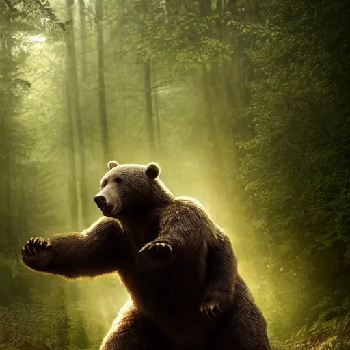 Prompt: a giant bear-shaped lovecraftian monster running quickly through a woodland, scary bear monster, 4 arms, magical forest, fantasy, Ireland, England, king Arthur, Lord of the rings, cinematic, realistic style, beautiful, majestic, dramatic lighting, early morning, dawn CGsociety, realistic, hyper maximalist, golden ratio, octane render, rule of thirds, wide shot , 8k resolution, epic volumetric light, cinematography, concept art, Artstation trending, environments, fantasy