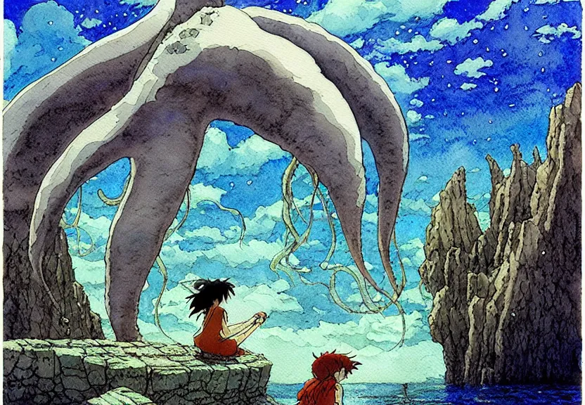 Prompt: a simple watercolor studio ghibli movie still fantasy concept art of stonehenge underwater. a giant squid from princess mononoke ( 1 9 9 7 ) is holding large stones. it is a misty starry night. by rebecca guay, michael kaluta, charles vess
