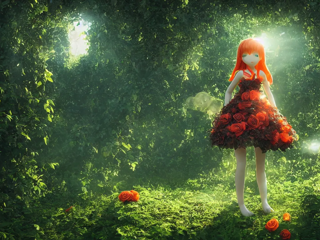 Image similar to cute fumo plush girl among vines in the middle of a lush rose garden, glowing ethereal gothic wraith plantgirl, tattered green dress, smoke and orange volumetric fog, blue sky sunshine lens flare, bokeh, vray