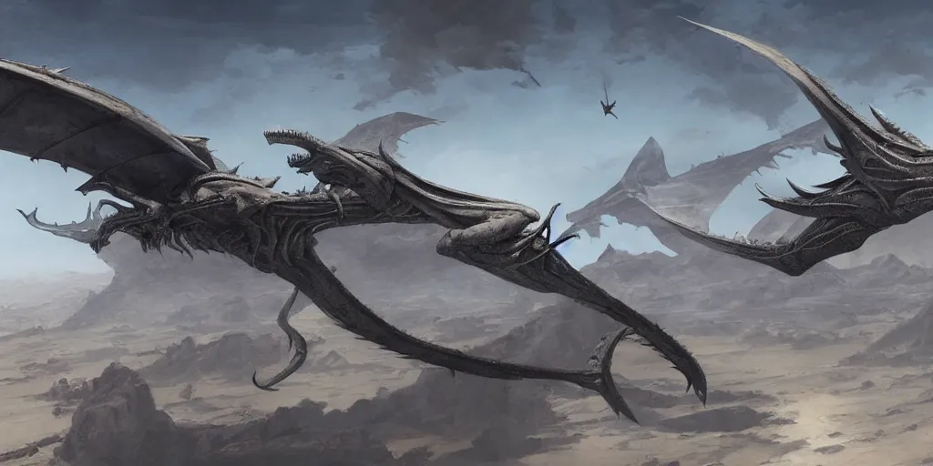 Image similar to giger wyvern flying over desert city, in style of federico pelat greg rutkowski