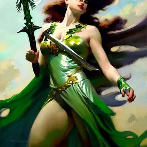Image similar to greg manchess painting of goddess of hunt wearing shiny mythical green clothes, green and white long hair, long wings, large angelic sword, soft lighting, trending on artstation, by huang guangjian and gil elvgren and sachin teng