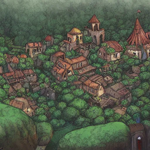 Prompt: medieval village in the middle of lush forest, by ghibli