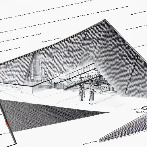 Prompt: schematic drawing of futuristic building with pencils and triangle ruler lying next to the drawing