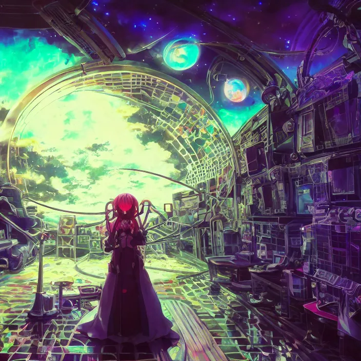 Image similar to Albedo from overlord, mamimi samejima, psychedelic background, epcot, inside a space station, eye of providence, female anime character, Lain, uwu, uwu, Luminism, Tomas Sanchez, Karla Knight, surrealism, Simon Stålenhag, M. C. Escher, Ruan Jia, uwu Hi-Fructose, Artstation, HD, HDR, High Resolution, technological rings, giygas