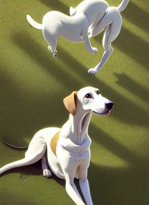 Prompt: cute white brown greyhound, green toy bone on floor, natural lighting, path traced, highly detailed, high quality, digital painting, by don bluth and ross tran and studio ghibli and alphonse mucha, artgerm