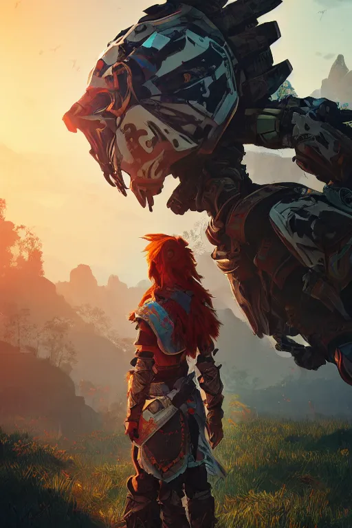 Image similar to combination suit armor aloy horizon forbidden west horizon zero dawn radiating a glowing aura global illumination ray tracing hdr fanart arstation by ian pesty and alena aenami artworks in 4 k tribal robot ninja mask helmet backpack