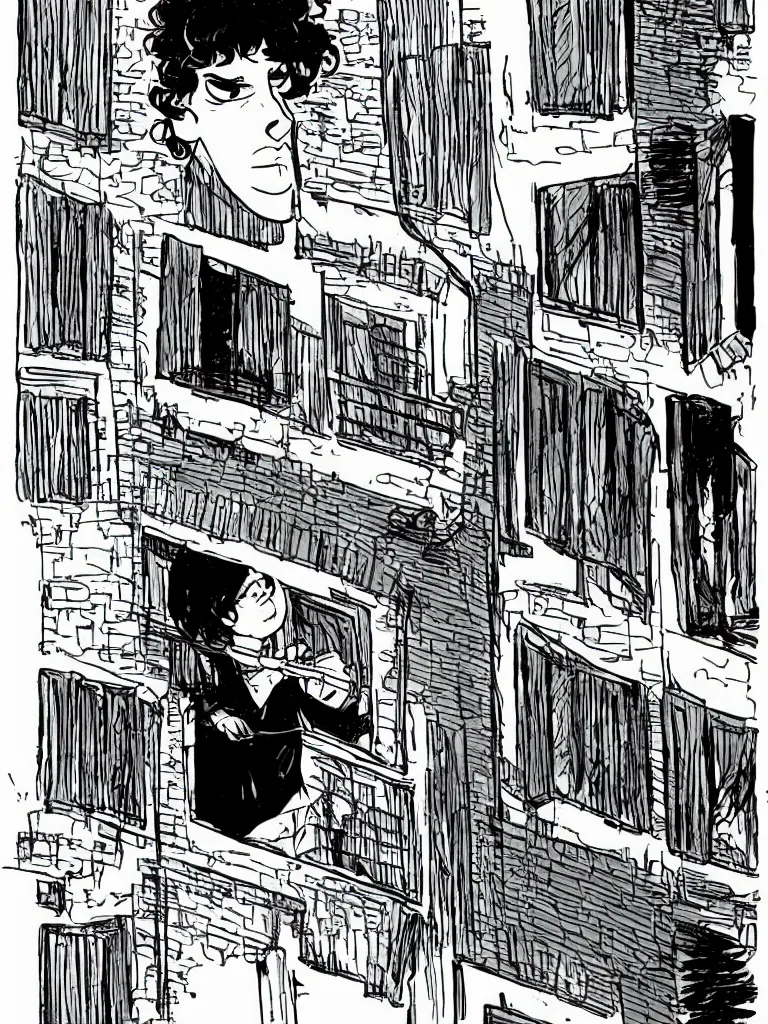 Image similar to a teenager with a big nose and curly black hair staring boringly out of a balcony, graphic novel, by andrea pazienza