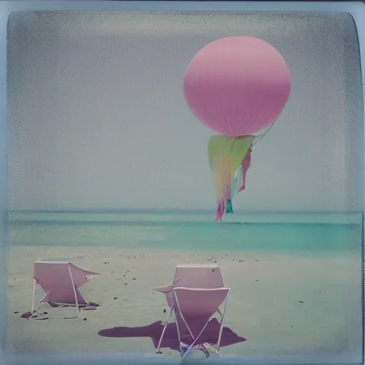 Image similar to a pastel colour high fidelity Polaroid art photo from a holiday album at a seaside with abstract inflatable parachute furniture, all objects made of transparent iridescent Perspex and metallic silver, no people, iridescence, nostalgic