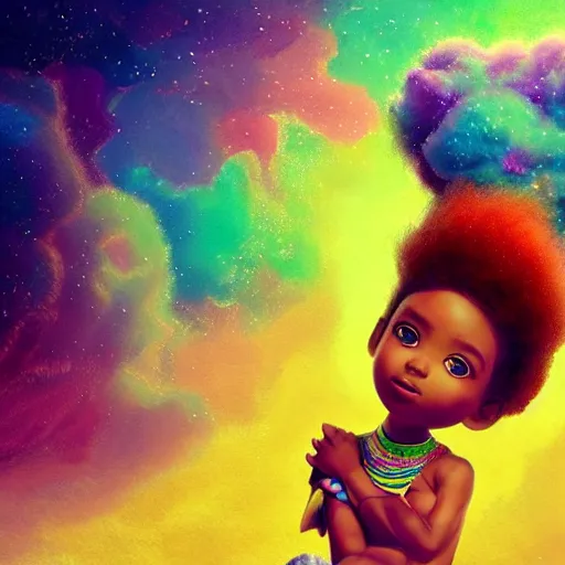 Image similar to a cute little african egyptian princess with a colorful afro sitting on a nebula cloud throne, bright colors, synthwave, watercolor, volumetric wool felting, felt, macro photography, children illustration, global illumination, radiant light, detailed and intricate environment, by goro fujita