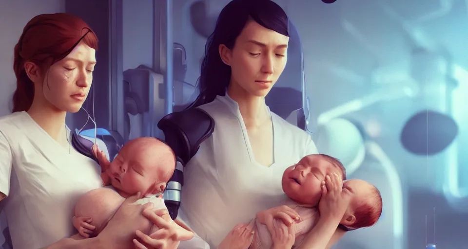 Image similar to a very very very very very very beautiful realistic still of a woman holding a newly born cyborg baby in a cyborg factory hospital, rendered by beeple, by makoto shinkai, syd meade, starwars, space art concept, sci - fi, digital art, unreal engine, wlop, trending on artstation, 4 k uhd image, octane render