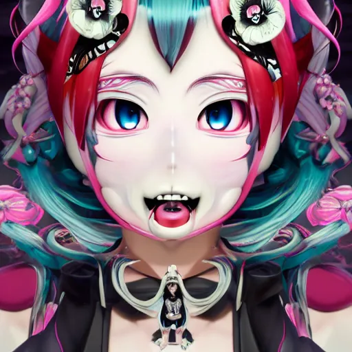 Image similar to no escape from beneath stunningly absurdly beautiful omnipotent asi goddess junko enoshima with multiple twisted deceptive innocent megalomaniacal mesmerizing personalities, symmetrical perfect face, porcelain skin, pink twintail hair and cyan eyes, ultra detailed, digital art, unreal engine 5, octane render, 2 d anime, 8 k